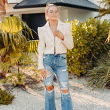 Natural Faux Leather Crop Blazer with Pointed Shoulder