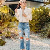 Natural Faux Leather Crop Blazer with Pointed Shoulder