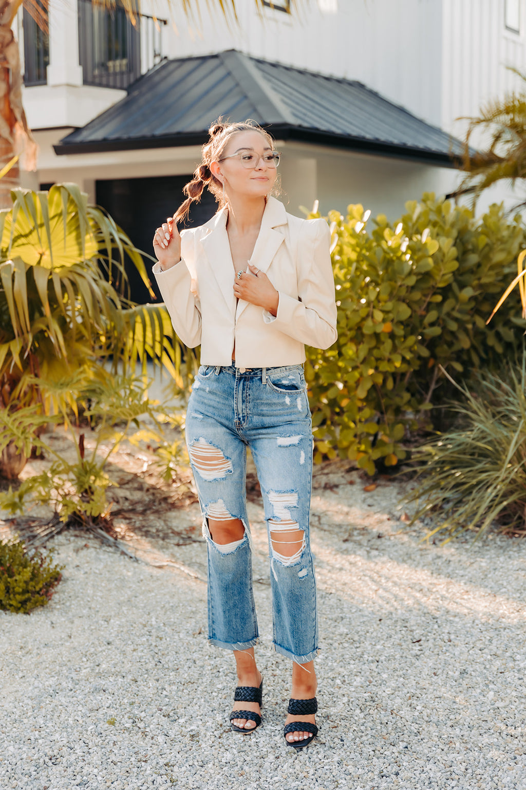 Natural Faux Leather Crop Blazer with Pointed Shoulder