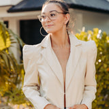 Natural Faux Leather Crop Blazer with Pointed Shoulder