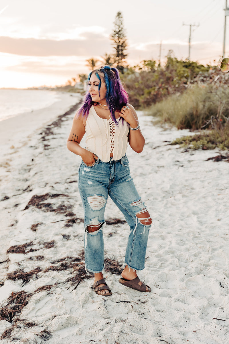 High Rise Distressed Beach Denim