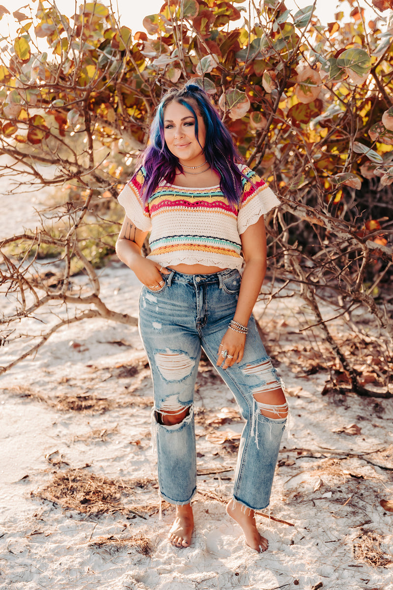 Cream + Pink Crochet Square Neck Crop