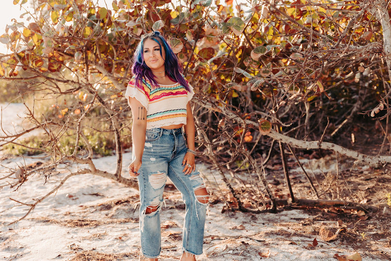 Cream + Pink Crochet Square Neck Crop