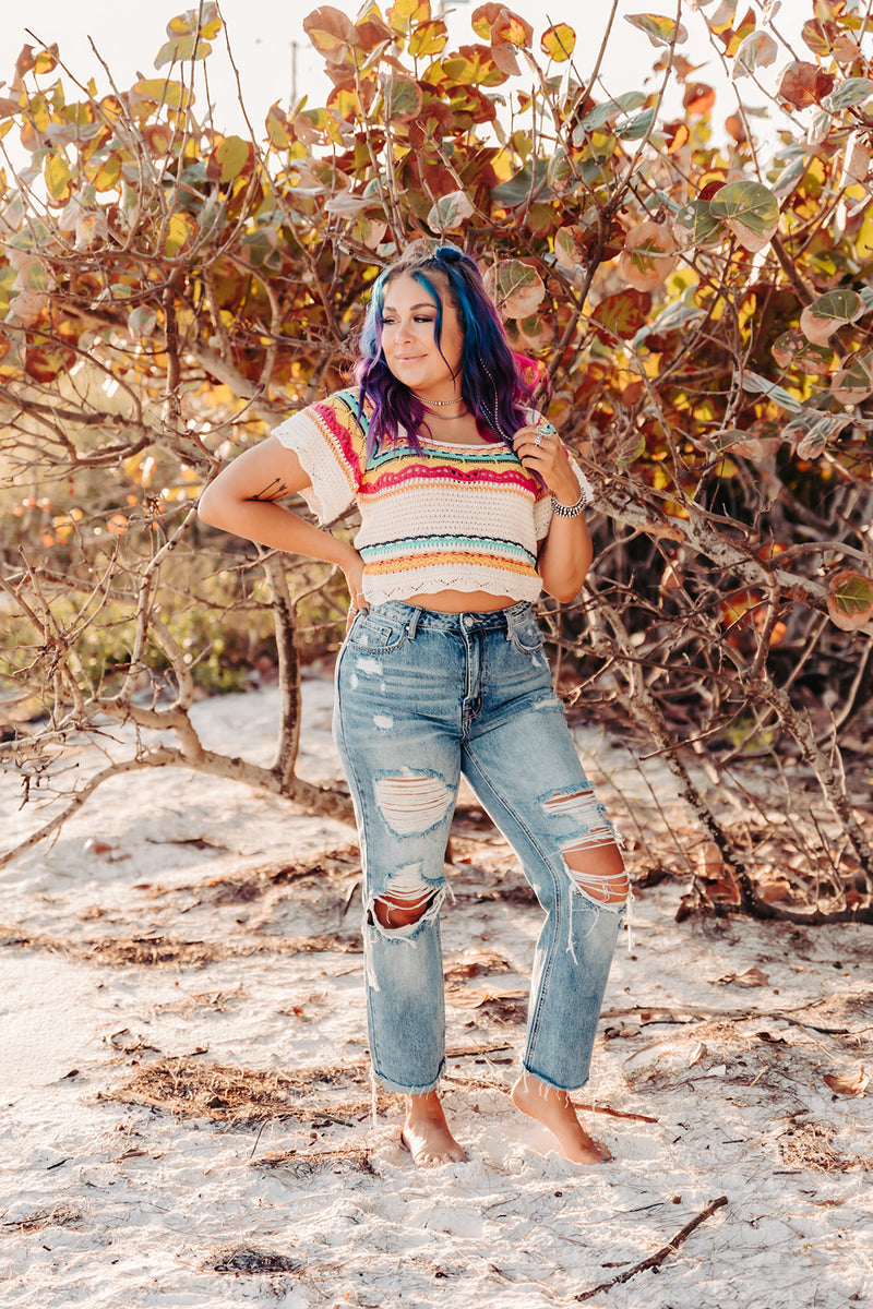 Cream + Pink Crochet Square Neck Crop