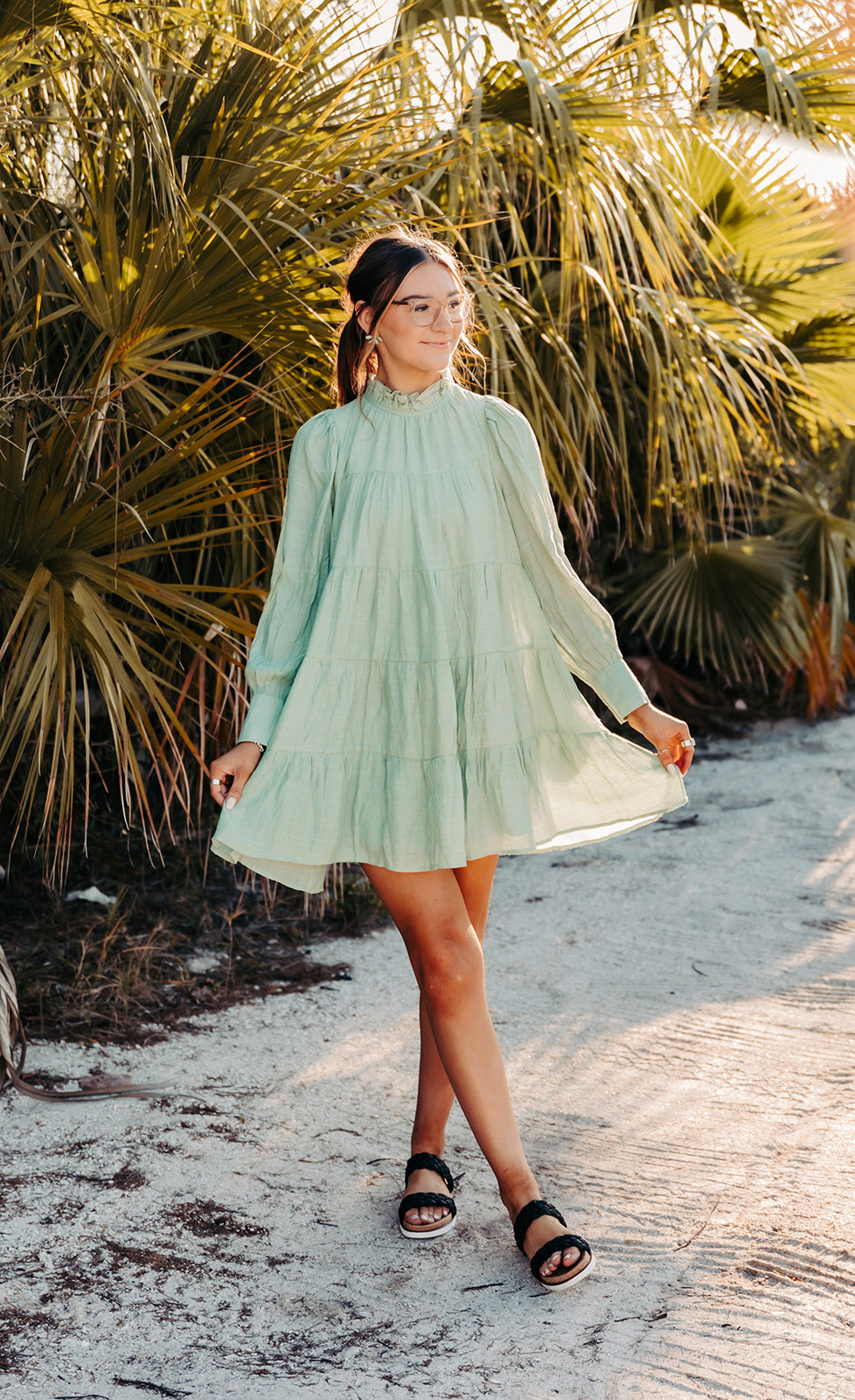 Sage Linen Babydoll Dress with Long Sleeves