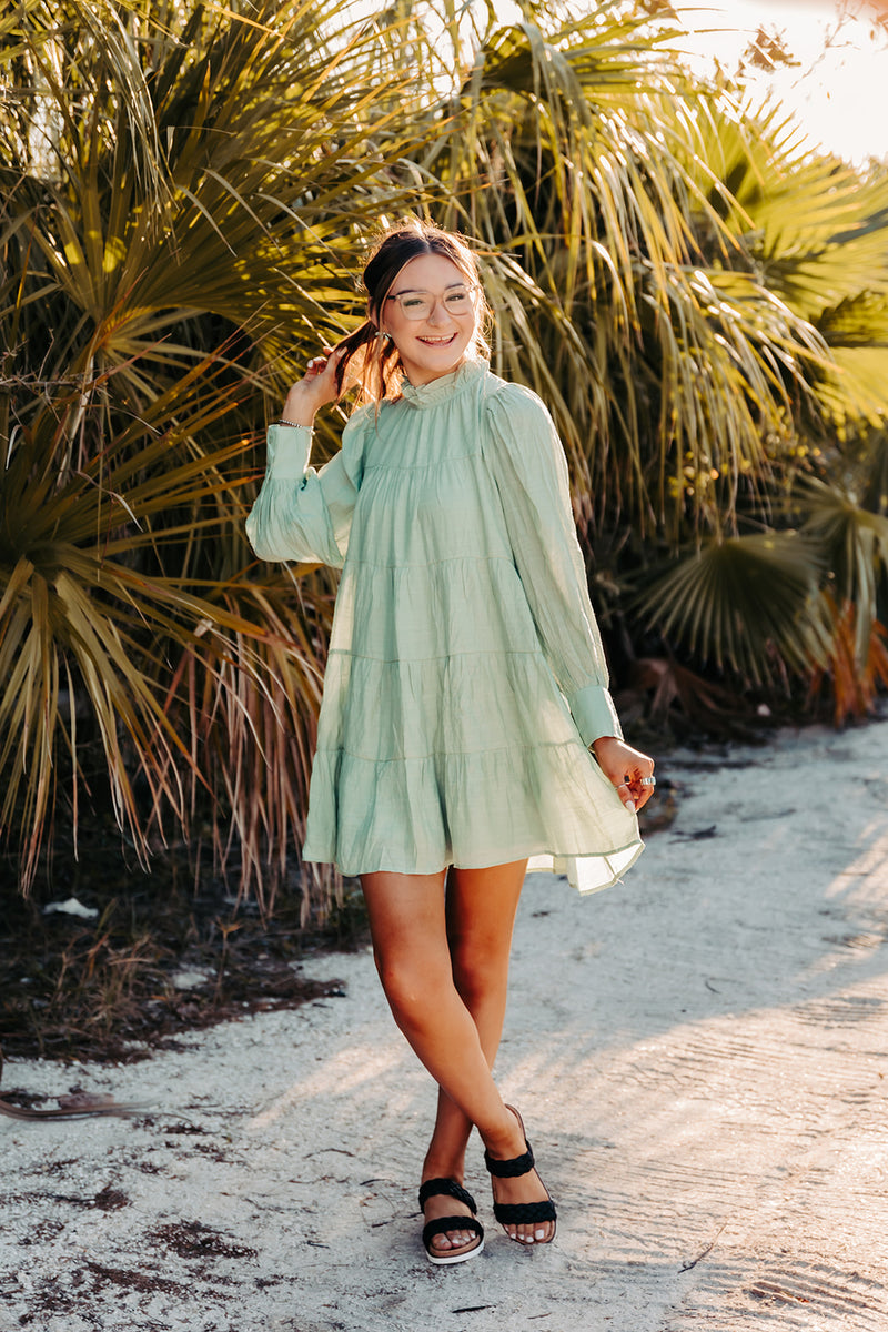 Sage Linen Babydoll Dress with Long Sleeves