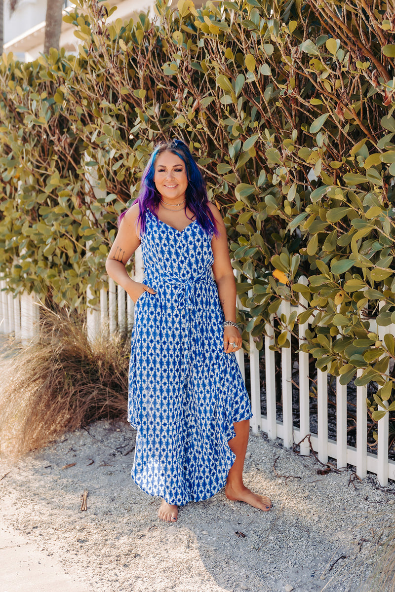 Royal + White Mix Pattern Jumpsuit with Waist Tie