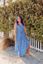 Royal + White Mix Pattern Jumpsuit with Waist Tie