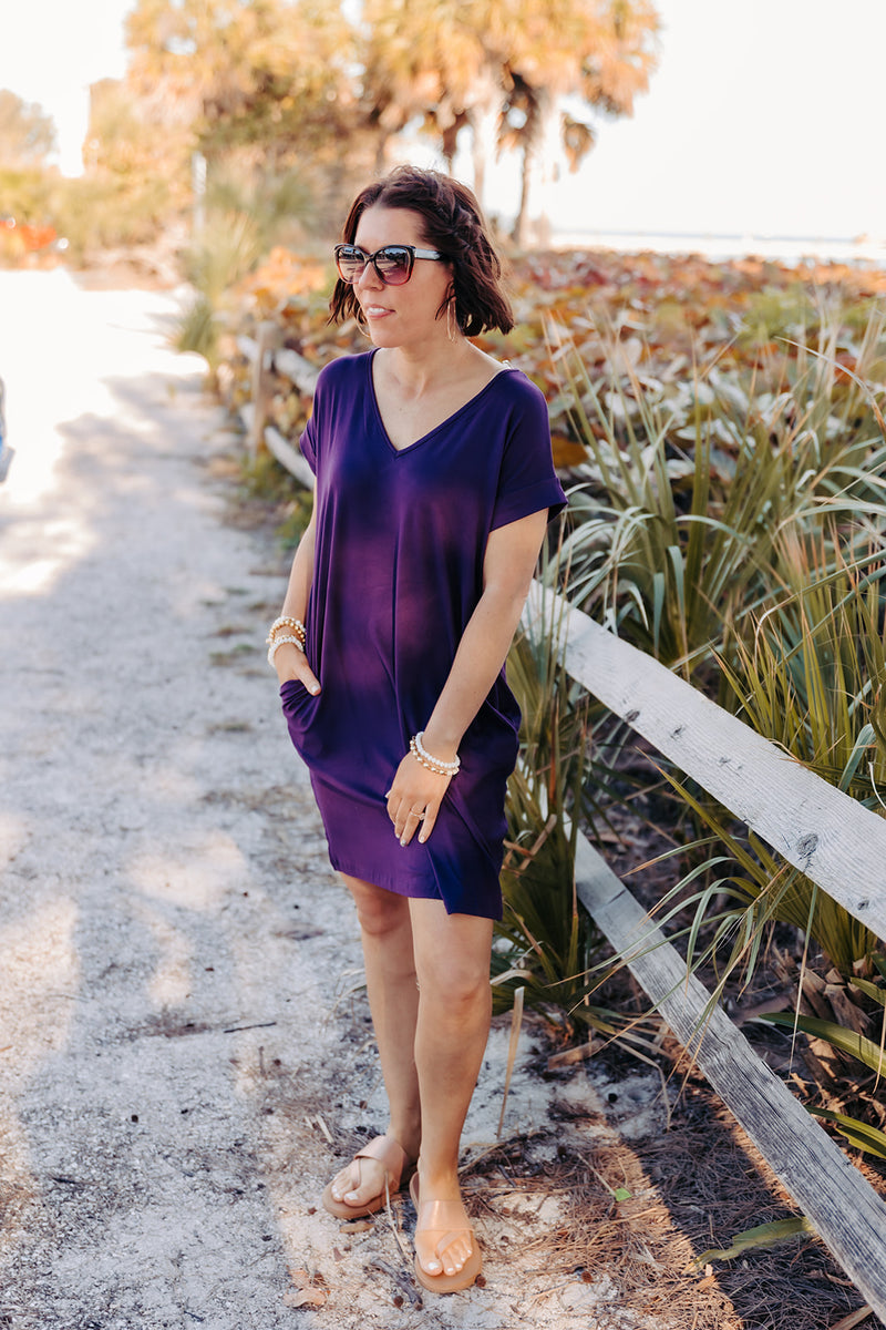 Violet V Neck Cuff Sleeve T Shirt Dress