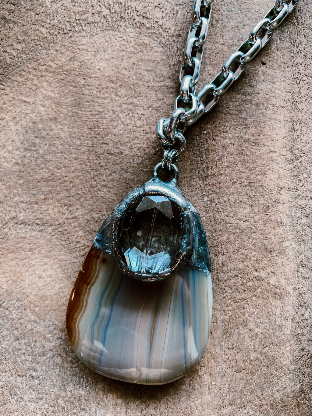 Silver Necklace with Agate Stone & Crystal Pendant