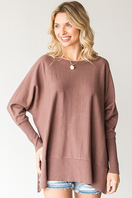 Long Sleeve Dolman Sweater with Side Slits