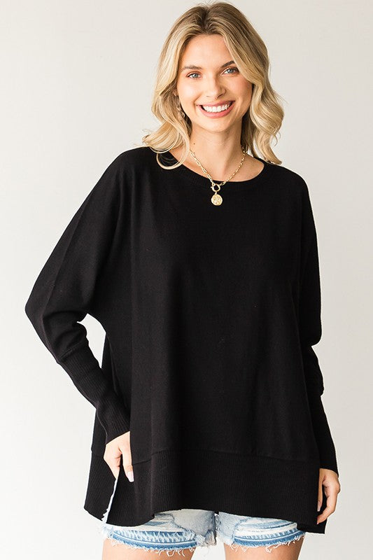 Long Sleeve Dolman Sweater with Side Slits