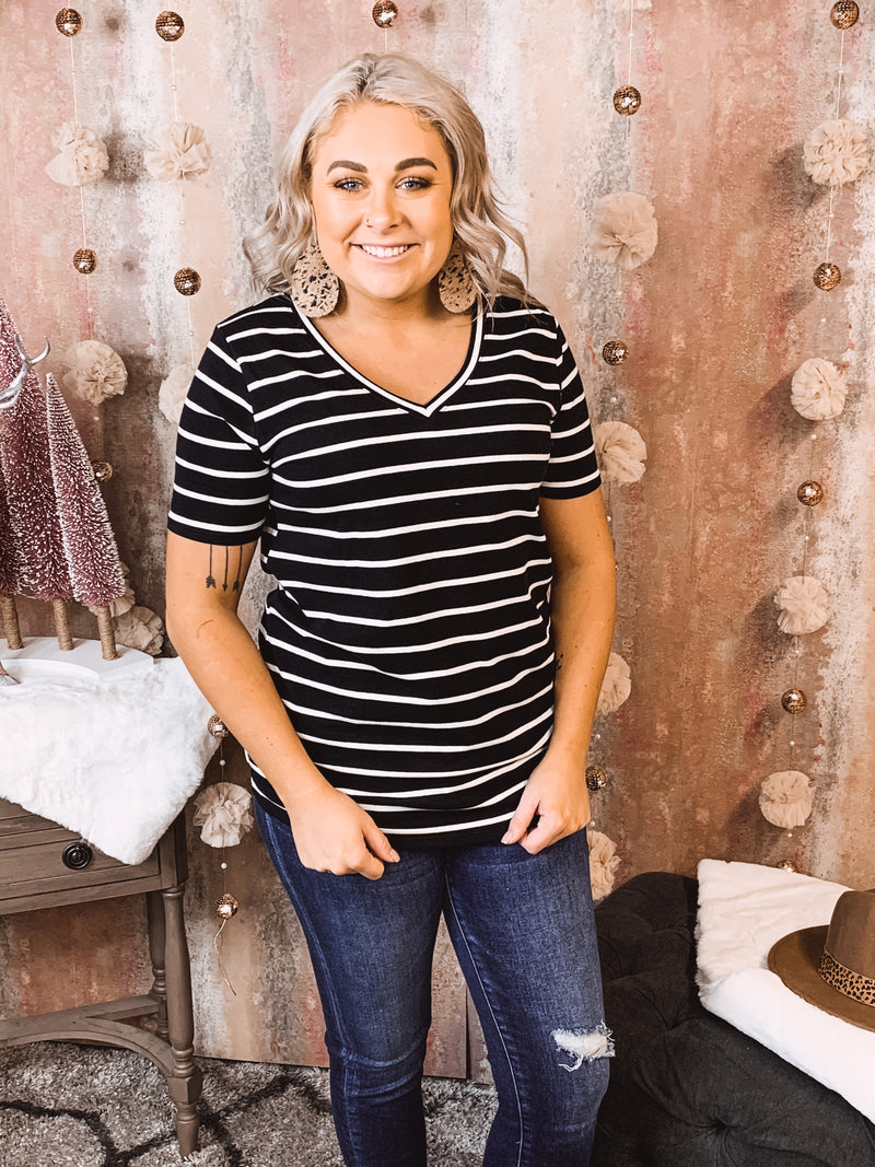 S/S V Neck Striped Top
