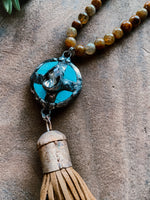 Mustard Marble Bead Necklace with Soldered Turq Stone & Fringe