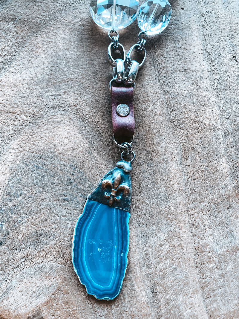 Metal Necklace with Crystal Chain Accent & Agate Stone
