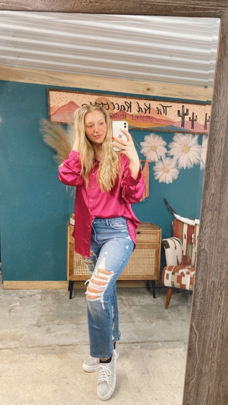 Magenta Satin Shirt with Roll Up Sleeve