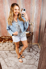 S/S V Neck Striped Top