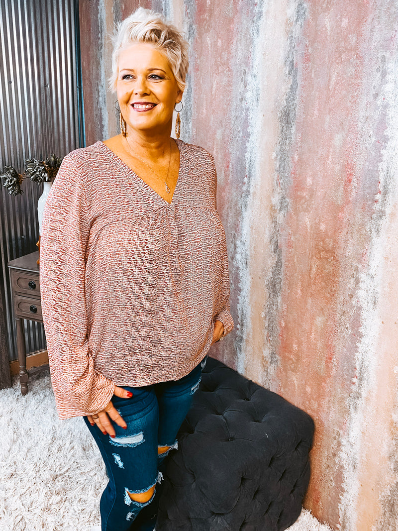 Rust Patterned V Neck Babydoll Top