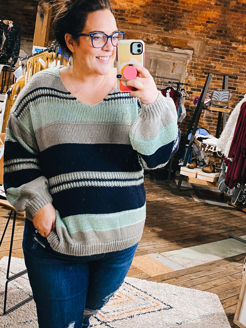 Navy & Mint V Neck Sweater