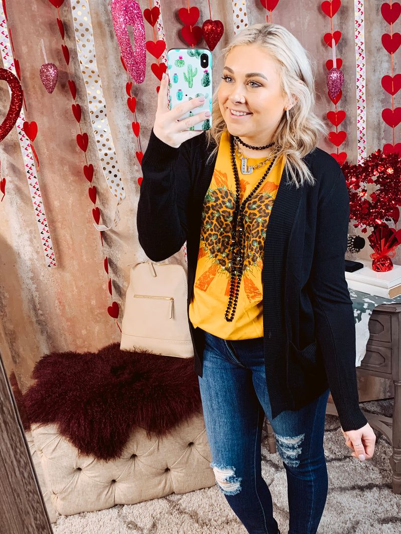 Black Open Front Cardigan w/ Pockets