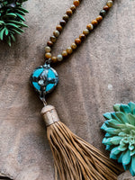 Mustard Marble Bead Necklace with Soldered Turq Stone & Fringe