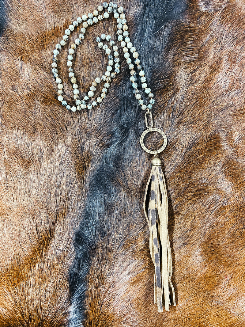 Green Marled Beaded Necklace with Cheetah Tassel