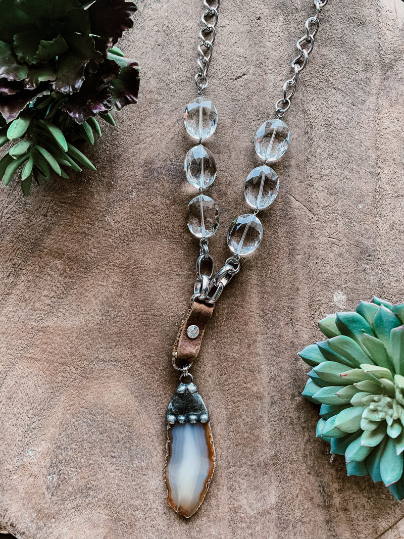 Metal Necklace with Crystal Chain Accent & Agate Stone
