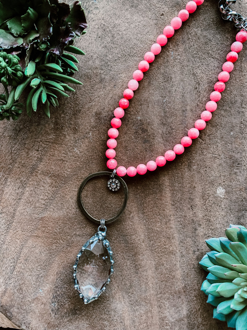 Bubblegum Bead Necklace with Crystal Pendant