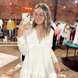 IVORY RIB AND RUFFLE HENLEY KNIT TUNIC TOP