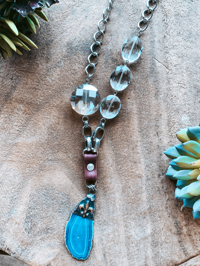 Metal Necklace with Crystal Chain Accent & Agate Stone