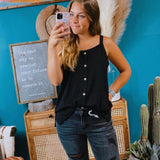 Black Rib Knit Tank with Buttons