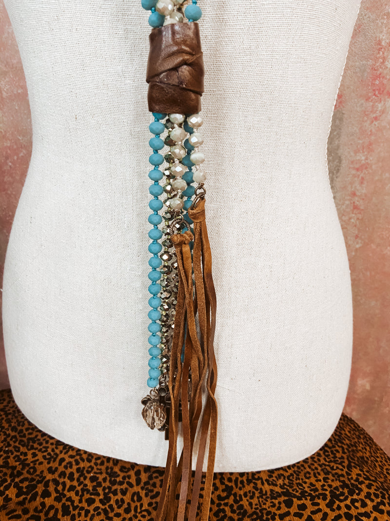 Multi Bead Turq Necklace w/ Leather Wrap