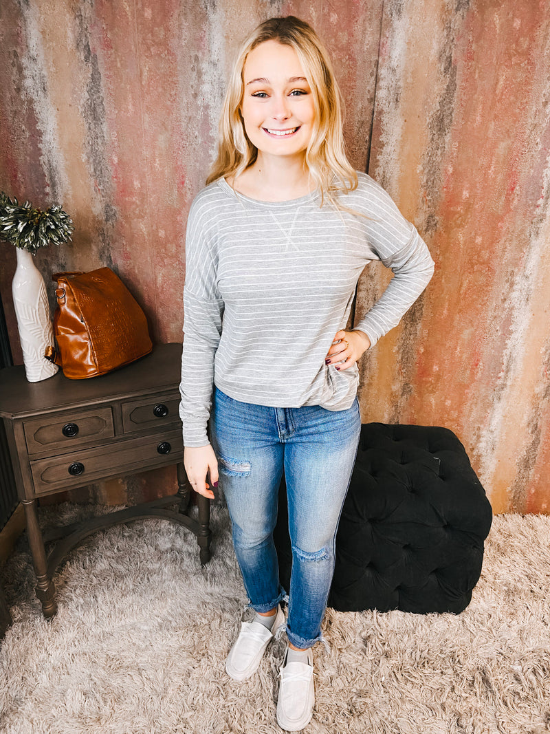 Gray & White Stripe L/S Top
