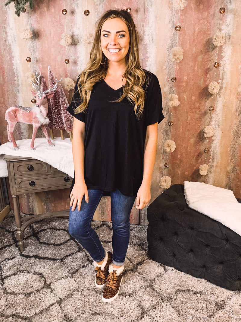 Black V Neck S/S Hi Low w/ Cuffed Sleeve