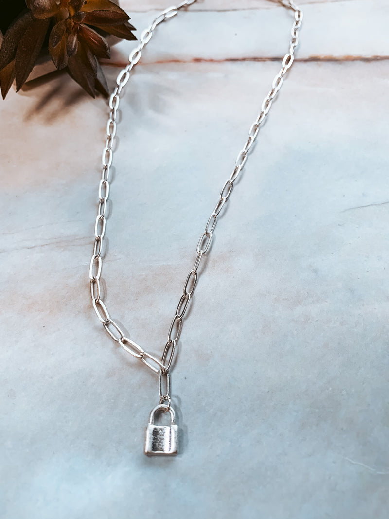 Matte Teeny Silver Lock Necklace