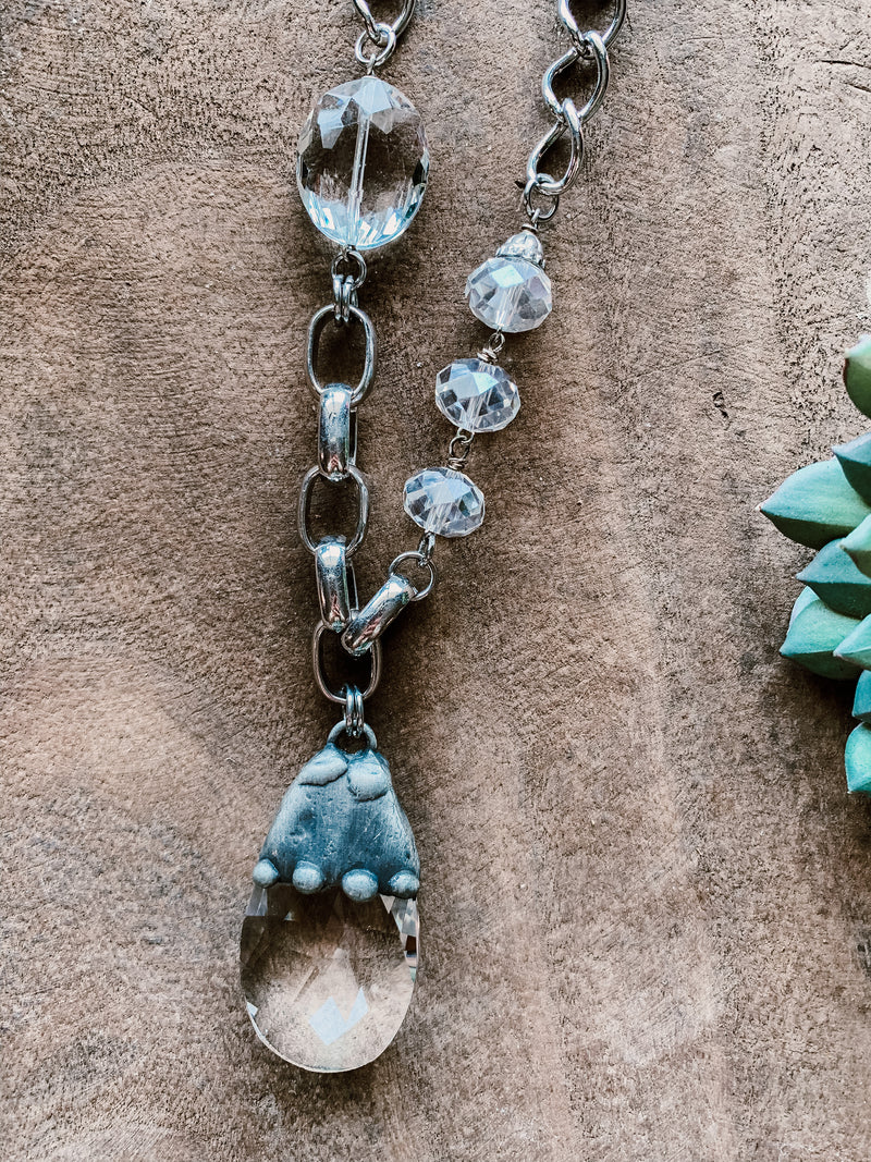 Metal Necklace with Crystal Chain Accent & Agate Stone