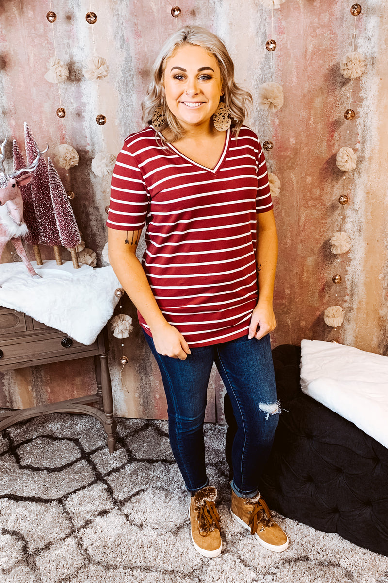 S/S V Neck Striped Top