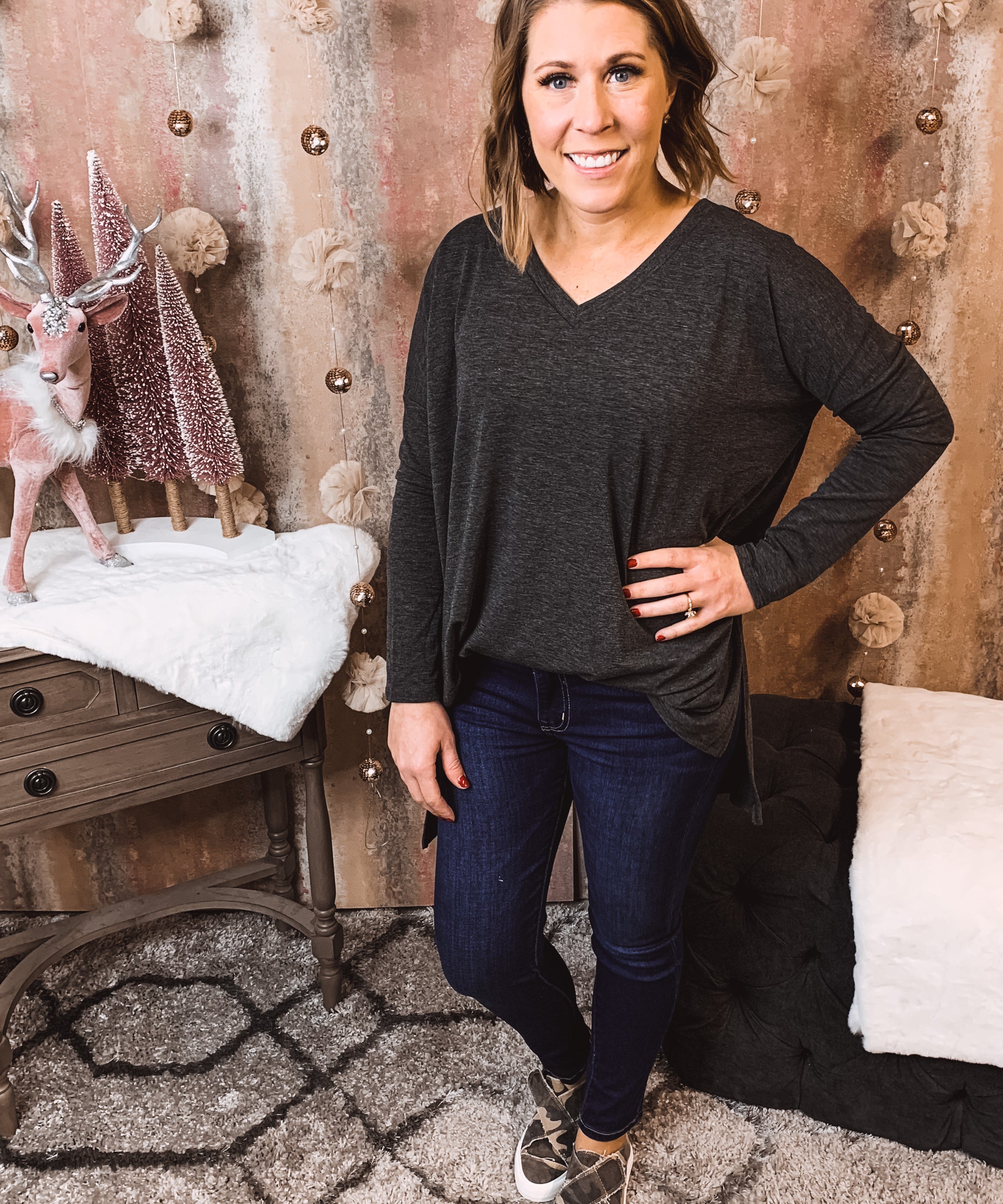 V Neck High Low L/S Top