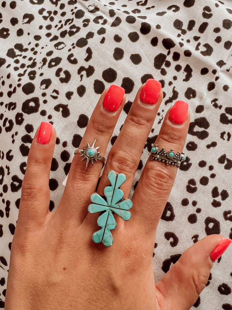Turquoise + SS Adjustable Cross Heart Ring
