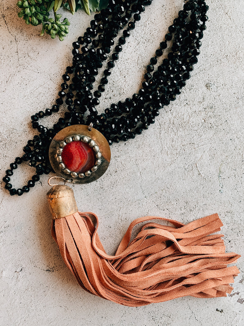 Multi Black Layer Necklace with Sunburst Stone & Blush Fringe