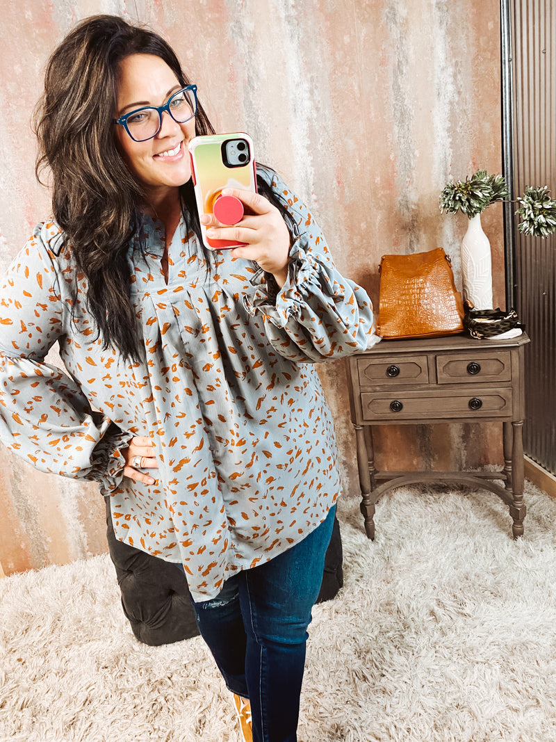 Blue & Rust L/S Balloon Sleeve Top