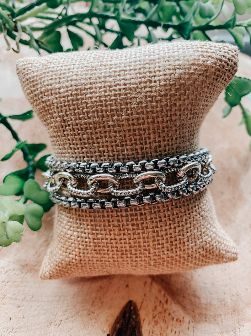 Box + Oval Chain Mix Triple Bracelet