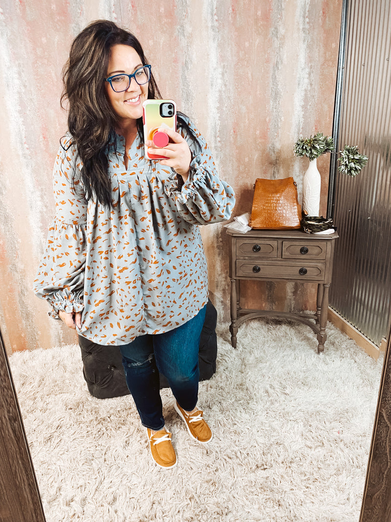 Blue & Rust L/S Balloon Sleeve Top