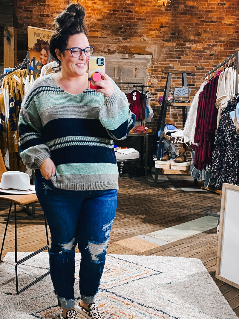 Navy & Mint V Neck Sweater