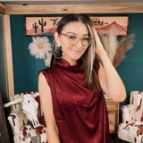 Wine Satin Cowl Neck Cap Sleeve Blouse