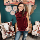 Wine Satin Cowl Neck Cap Sleeve Blouse