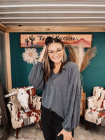Slate Heathered Bubble Sleeve V Neck Top