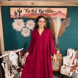 Raspberry Gauze Long Sleeve Tiered Maxi Dress
