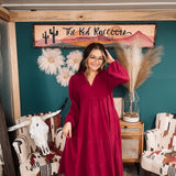 Raspberry Gauze Long Sleeve Tiered Maxi Dress