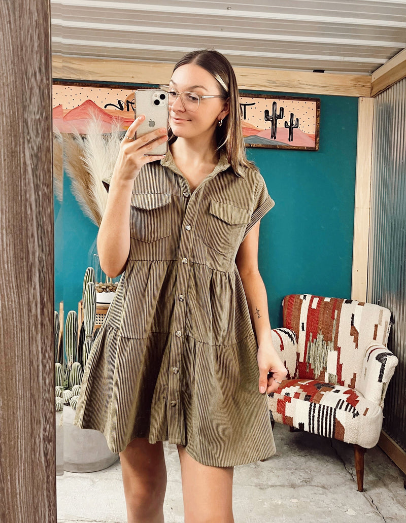 Olive Corduroy Button Front Tiered Dress